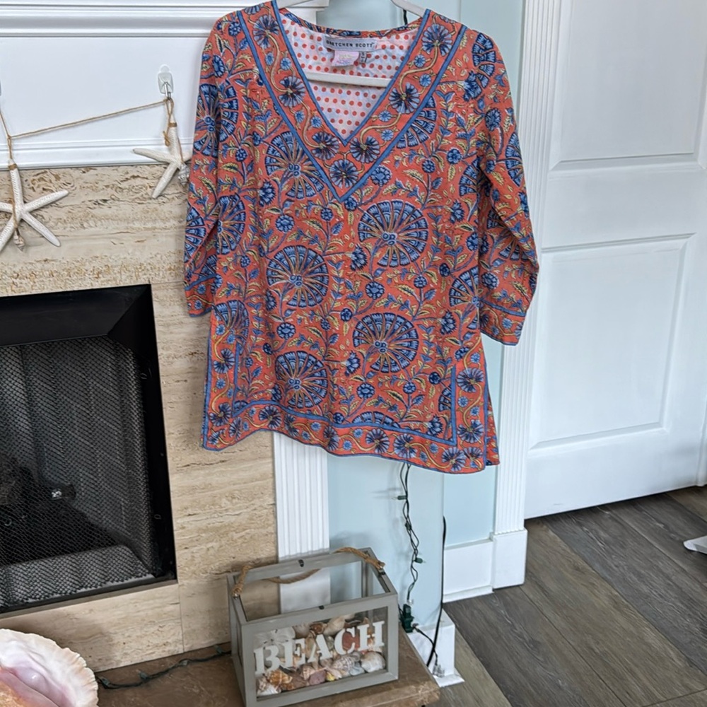 Gretchen Scott Tunic V-Neck Slit Sides Blue & Orange Yellow